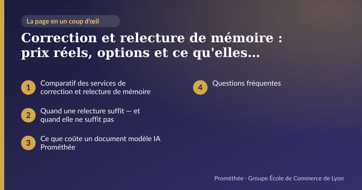 Infographie : plan de la page « Correction et relecture de mémoire : prix réels, options et ce qu'elles font vraiment en 2026 » — Comparatif des services de correction et relecture de mémoire ; Quand une relecture suffit — et quand elle ne suffit pas ; Ce que coûte un document modèle IA Prométhée ; Questions fréquentes