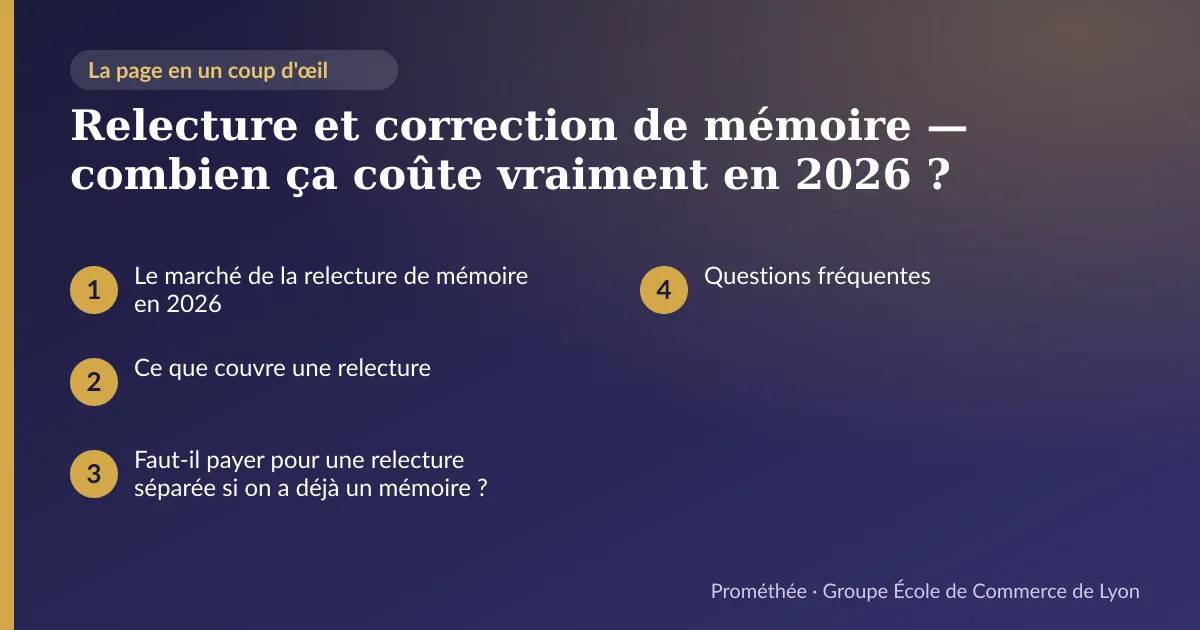 Infographie : plan de la page « Relecture et correction de mémoire — combien ça coûte vraiment en 2026 ? » — Le marché de la relecture de mémoire en 2026 ; Ce que couvre une relecture ; Faut-il payer pour une relecture séparée si on a déjà un mémoire ? ; Questions fréquentes