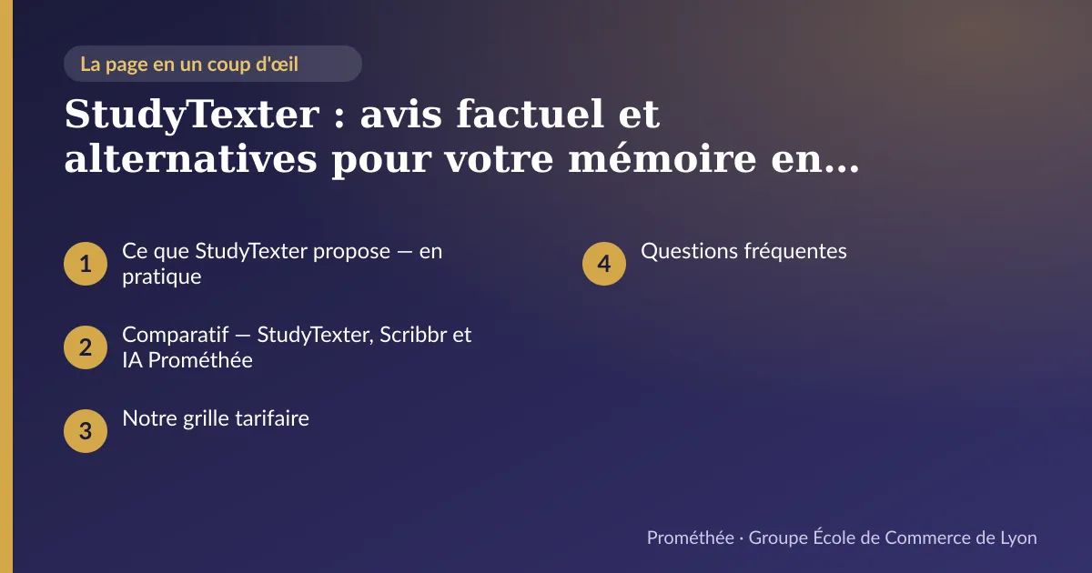 Infographie : plan de la page « StudyTexter : avis factuel et alternatives pour votre mémoire en 2026 » — Ce que StudyTexter propose — en pratique ; Comparatif — StudyTexter, Scribbr et IA Prométhée ; Notre grille tarifaire ; Questions fréquentes