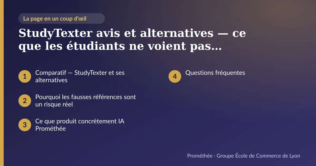 Infographie : plan de la page « StudyTexter avis et alternatives — ce que les étudiants ne voient pas toujours » — Comparatif — StudyTexter et ses alternatives ; Pourquoi les fausses références sont un risque réel ; Ce que produit concrètement IA Prométhée ; Questions fréquentes