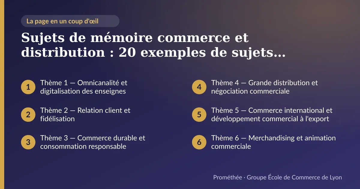 Infographie : plan de la page « Sujets de mémoire commerce et distribution : 20 exemples de sujets et problématiques » — Thème 1 — Omnicanalité et digitalisation des enseignes ; Thème 2 — Relation client et fidélisation ; Thème 3 — Commerce durable et consommation responsable ; Thème 4 — Grande distribution et négociation commerciale ; Thème 5 — Commerce international et développement commercial à l'export ; Thème 6 — Merchandising et animation commerciale