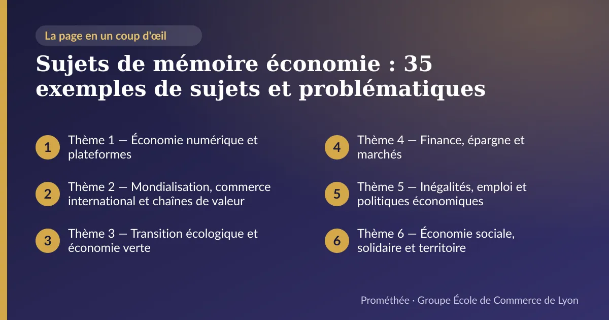 Infographie : plan de la page « Sujets de mémoire économie : 35 exemples de sujets et problématiques » — Thème 1 — Économie numérique et plateformes ; Thème 2 — Mondialisation, commerce international et chaînes de valeur ; Thème 3 — Transition écologique et économie verte ; Thème 4 — Finance, épargne et marchés ; Thème 5 — Inégalités, emploi et politiques économiques ; Thème 6 — Économie sociale, solidaire et territoire