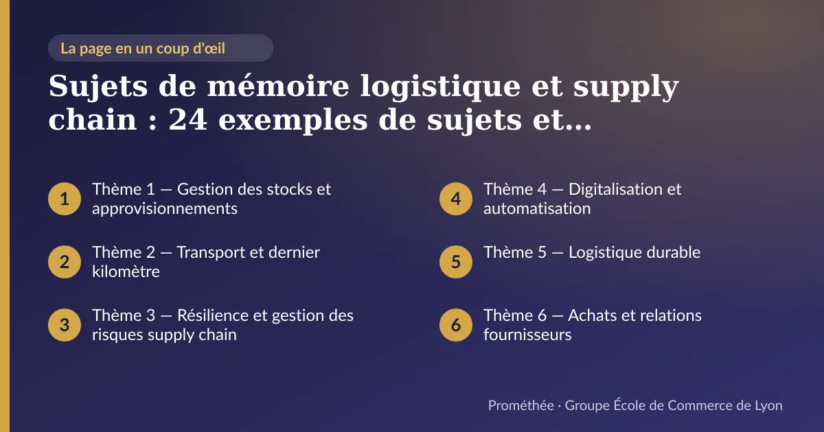 Infographie : plan de la page « Sujets de mémoire logistique et supply chain : 24 exemples de sujets et problématiques » — Thème 1 — Gestion des stocks et approvisionnements ; Thème 2 — Transport et dernier kilomètre ; Thème 3 — Résilience et gestion des risques supply chain ; Thème 4 — Digitalisation et automatisation ; Thème 5 — Logistique durable ; Thème 6 — Achats et relations fournisseurs