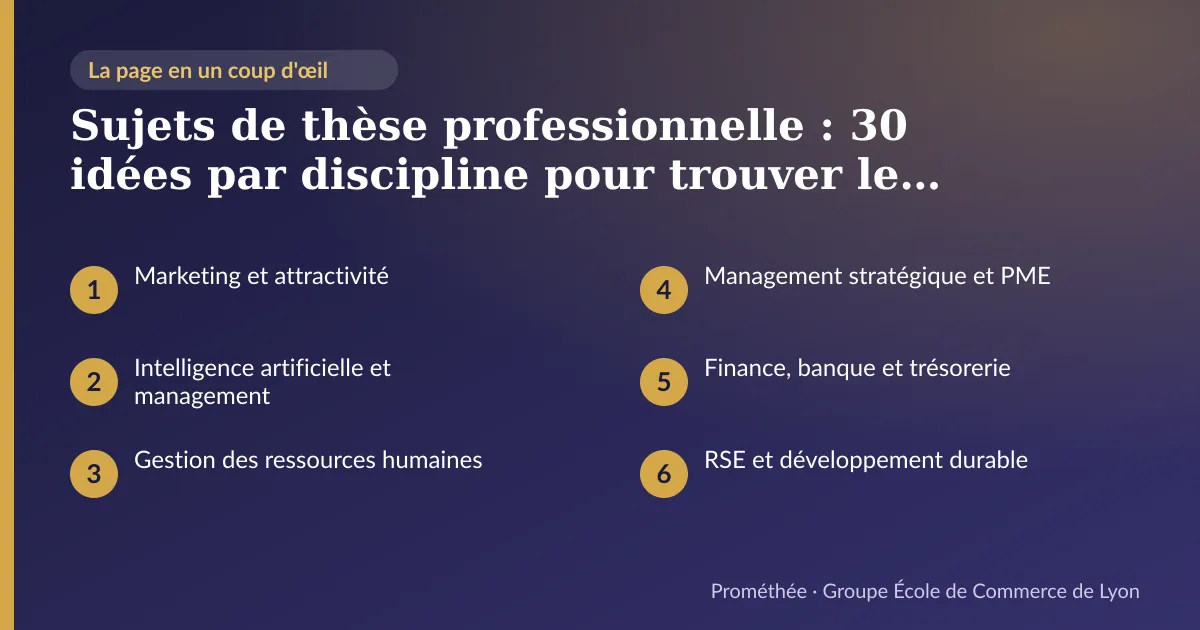 Infographie : plan de la page « Sujets de thèse professionnelle : 30 idées par discipline pour trouver le bon angle » — Marketing et attractivité ; Intelligence artificielle et management ; Gestion des ressources humaines ; Management stratégique et PME ; Finance, banque et trésorerie ; RSE et développement durable