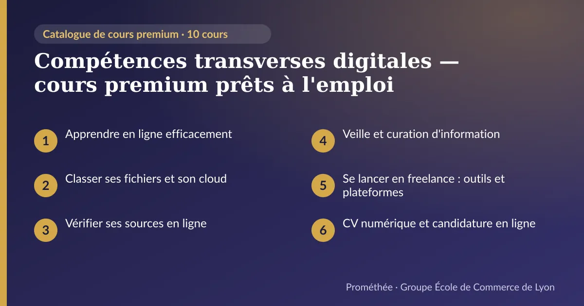 Infographie : Compétences transverses digitales — cours premium prêts à l'emploi — aperçu des cours : Apprendre en ligne efficacement ; Classer ses fichiers et son cloud ; Vérifier ses sources en ligne ; Veille et curation d'information ; Se lancer en freelance : outils et plateformes ; CV numérique et candidature en ligne