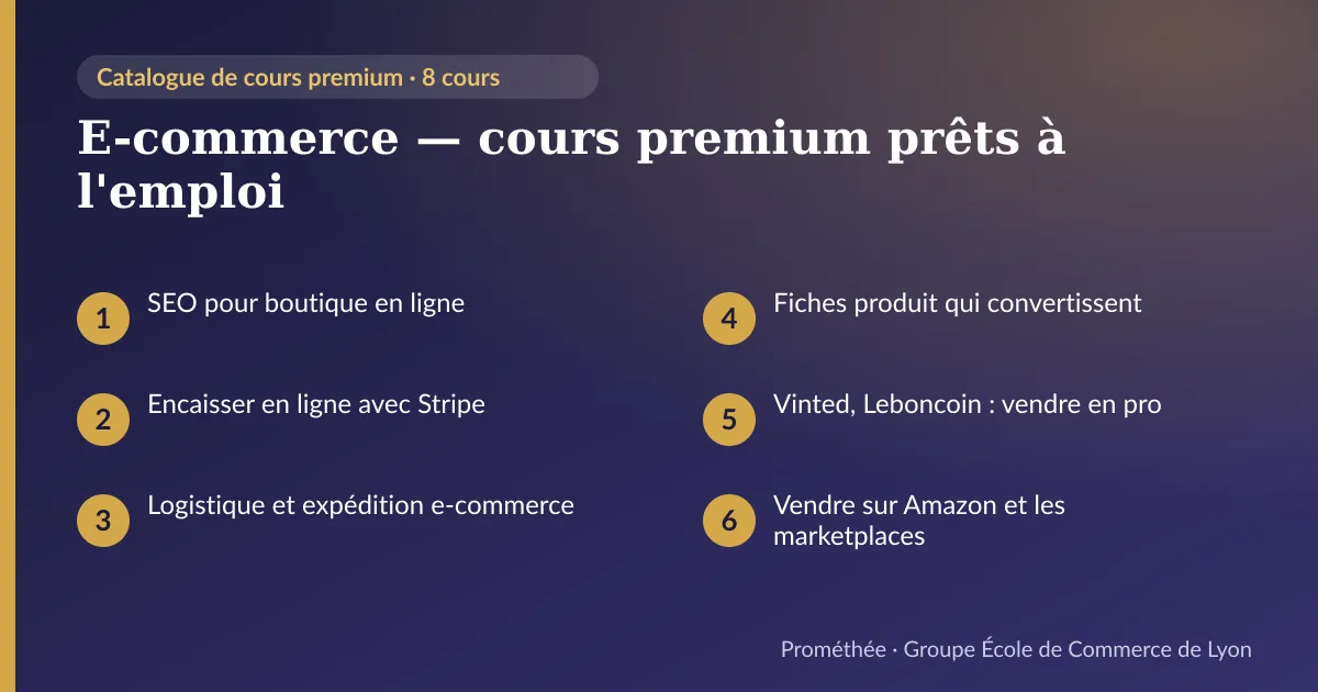 Infographie : E-commerce — cours premium prêts à l'emploi — aperçu des cours : SEO pour boutique en ligne ; Encaisser en ligne avec Stripe ; Logistique et expédition e-commerce ; Fiches produit qui convertissent ; Vinted, Leboncoin : vendre en pro ; Vendre sur Amazon et les marketplaces