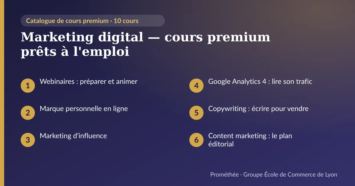 Infographie : Marketing digital — cours premium prêts à l'emploi — aperçu des cours : Webinaires : préparer et animer ; Marque personnelle en ligne ; Marketing d'influence ; Google Analytics 4 : lire son trafic ; Copywriting : écrire pour vendre ; Content marketing : le plan éditorial