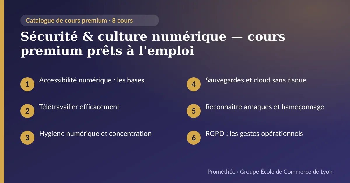 Infographie : Sécurité & culture numérique — cours premium prêts à l'emploi — aperçu des cours : Accessibilité numérique : les bases ; Télétravailler efficacement ; Hygiène numérique et concentration ; Sauvegardes et cloud sans risque ; Reconnaître arnaques et hameçonnage ; RGPD : les gestes opérationnels